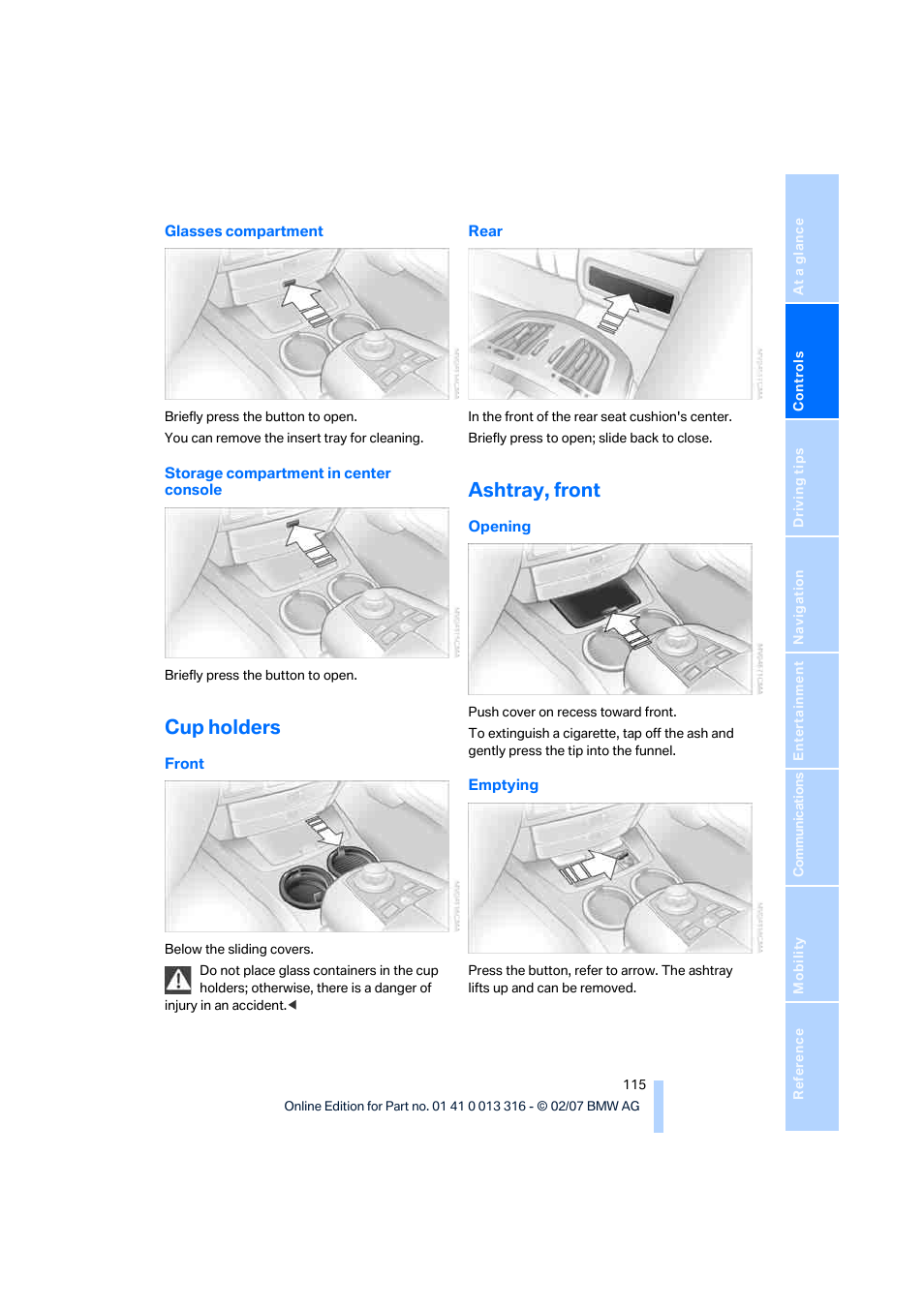 Cup holders, Ashtray, front | BMW 760Li Sedan 2008 User Manual | Page 117 / 254