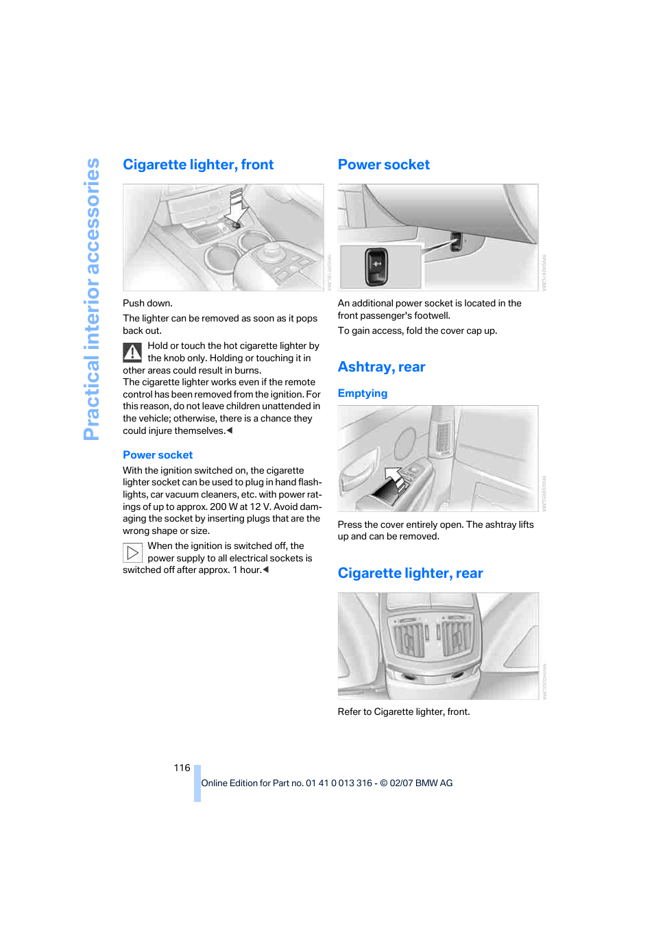 Cigarette lighter, front, Power socket, Ashtray, rear | Cigarette lighter, rear, Practical interi or acc ess orie s | BMW 760Li Sedan 2008 User Manual | Page 118 / 254