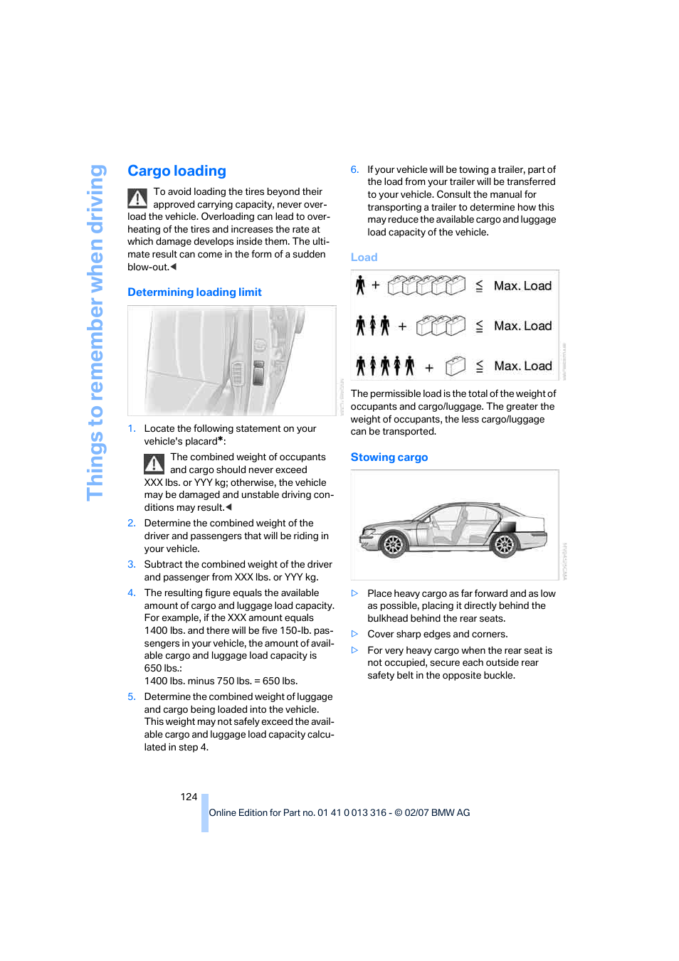 Cargo loading, Things to re memb er when driving | BMW 760Li Sedan 2008 User Manual | Page 126 / 254