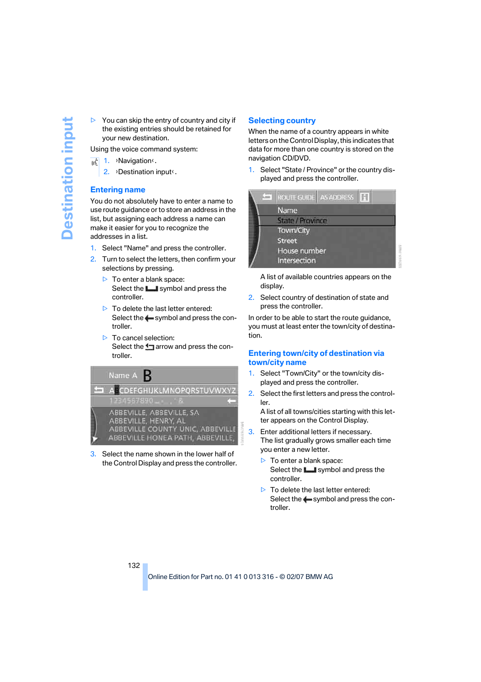 Destina tion input | BMW 760Li Sedan 2008 User Manual | Page 134 / 254