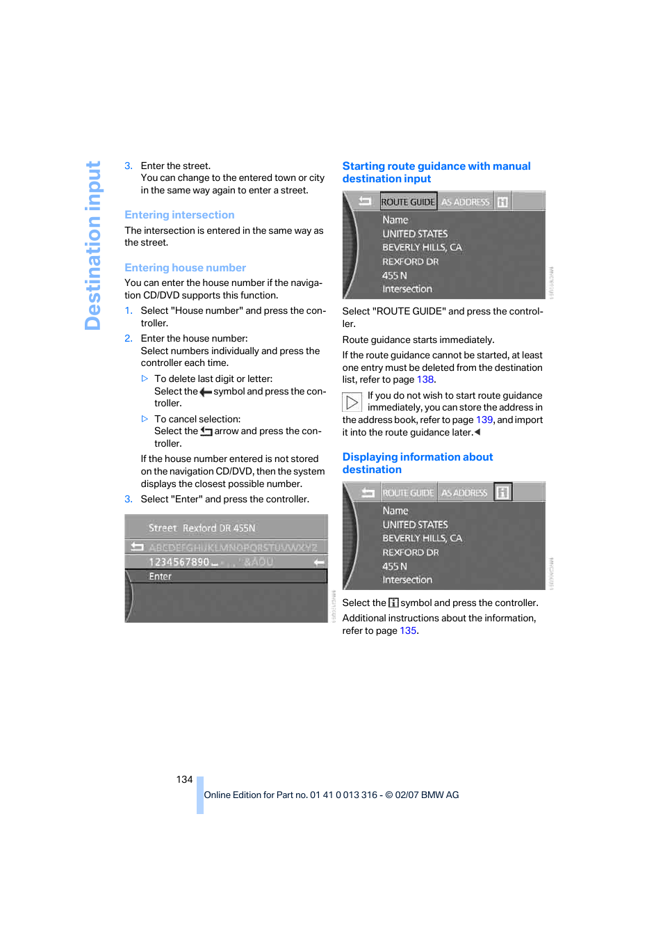 Destina tion input | BMW 760Li Sedan 2008 User Manual | Page 136 / 254