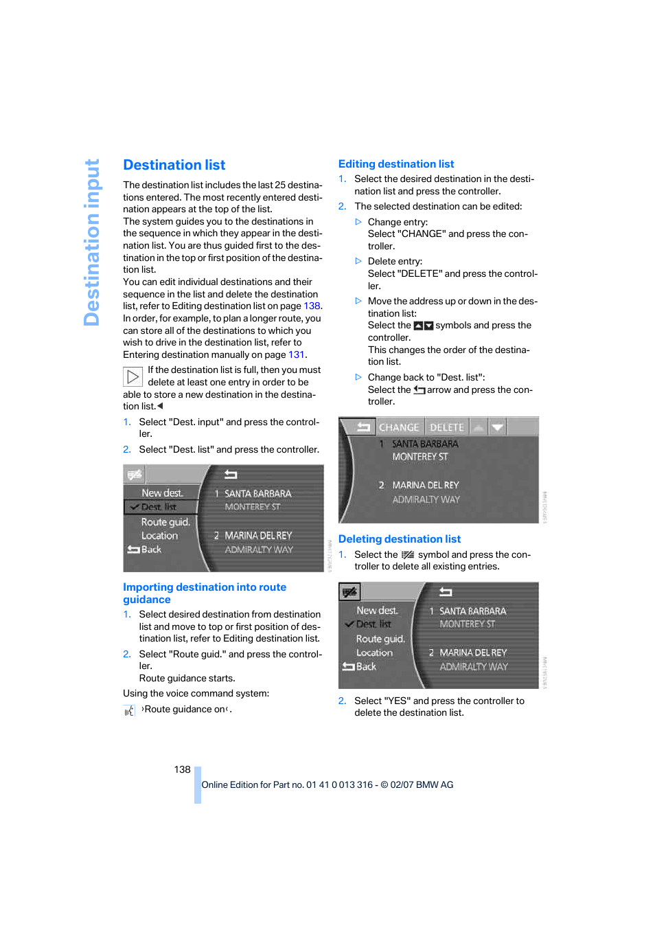 Destination list, Destina tion input | BMW 760Li Sedan 2008 User Manual | Page 140 / 254