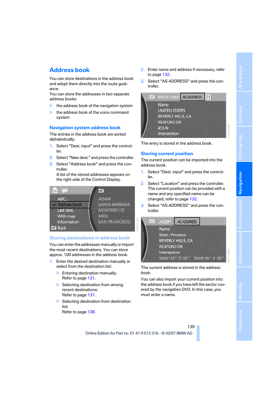 Address book | BMW 760Li Sedan 2008 User Manual | Page 141 / 254