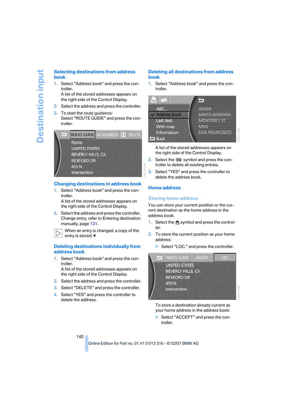 Destina tion input | BMW 760Li Sedan 2008 User Manual | Page 142 / 254