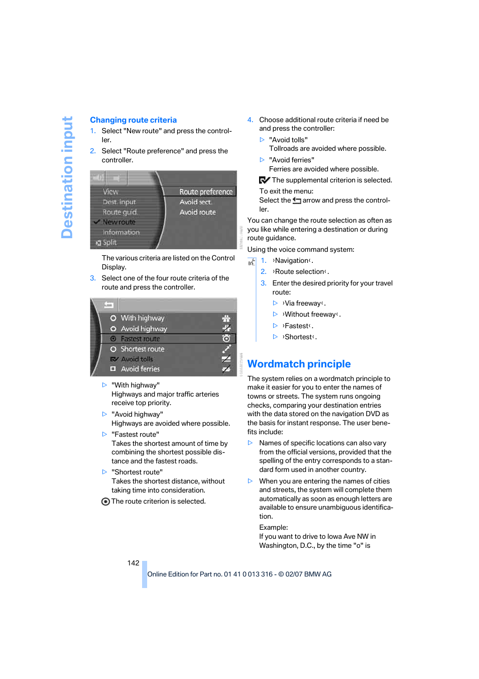 Wordmatch principle, Destina tion input | BMW 760Li Sedan 2008 User Manual | Page 144 / 254