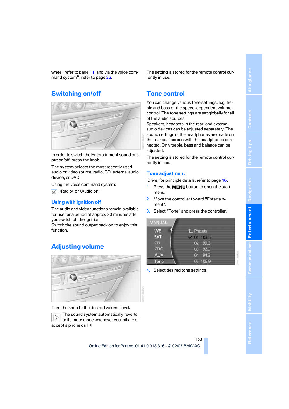 Switching on/off, Adjusting volume, Tone control | BMW 760Li Sedan 2008 User Manual | Page 155 / 254