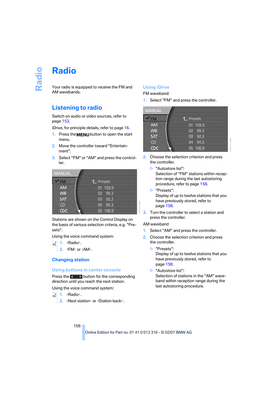 Radio, Listening to radio, Ra di o | BMW 760Li Sedan 2008 User Manual | Page 158 / 254