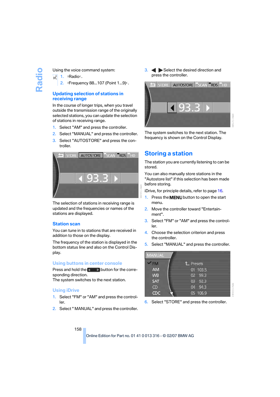 Storing a station, Ra di o | BMW 760Li Sedan 2008 User Manual | Page 160 / 254