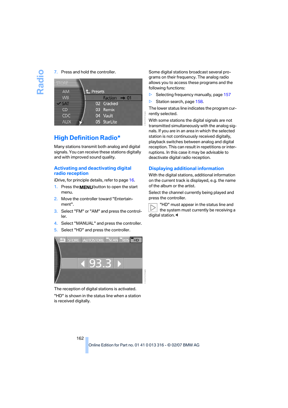 High definition radio, Ra di o | BMW 760Li Sedan 2008 User Manual | Page 164 / 254