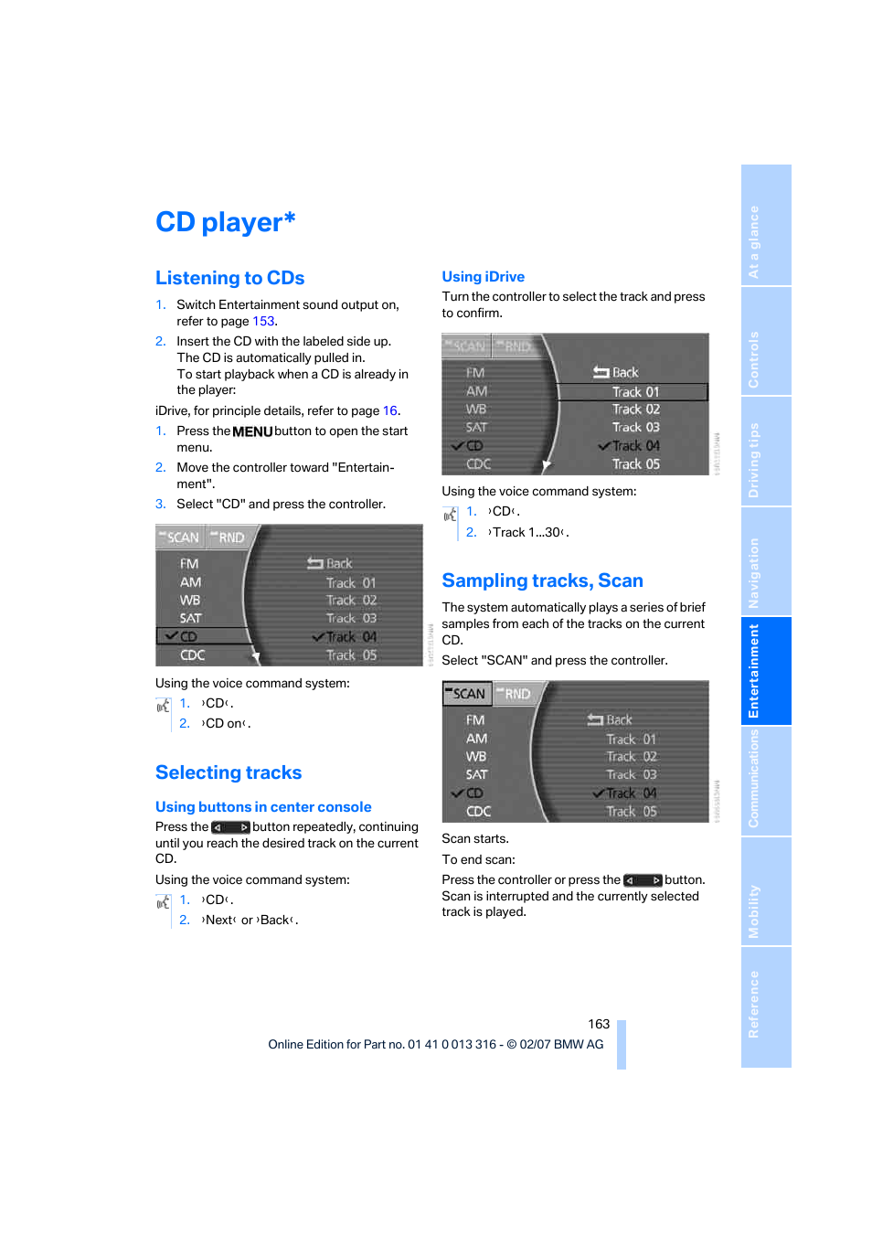 Cd player, Listening to cds, Selecting tracks | Sampling tracks, scan | BMW 760Li Sedan 2008 User Manual | Page 165 / 254