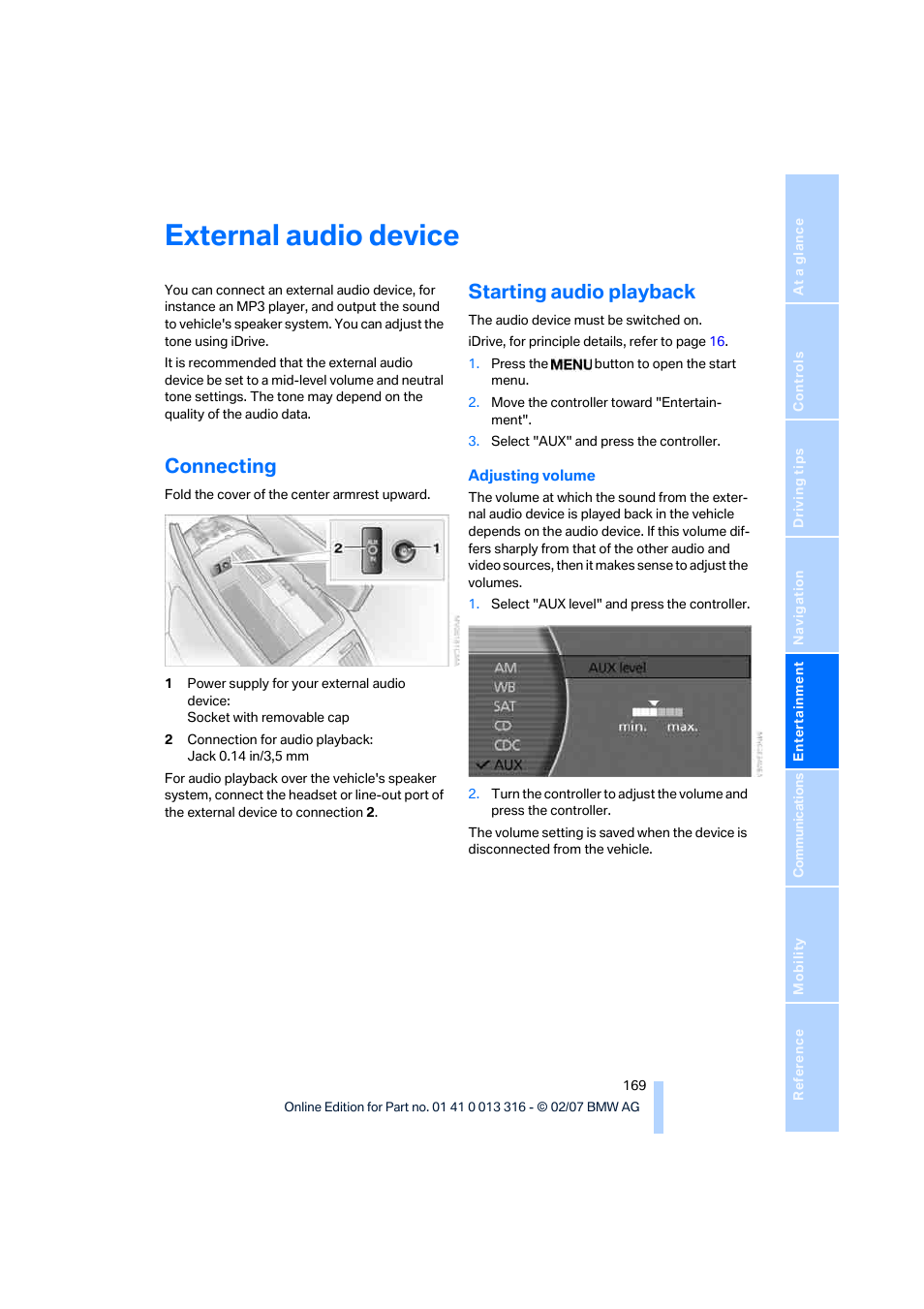 External audio device, Connecting, Starting audio playback | BMW 760Li Sedan 2008 User Manual | Page 171 / 254