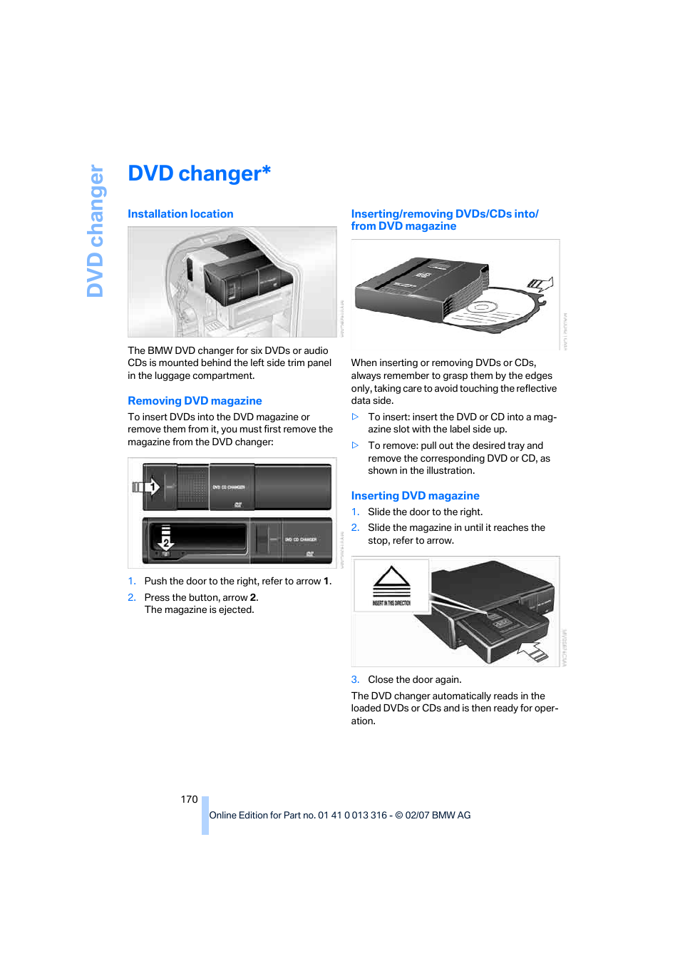 Dvd changer, Dv d ch an g e r | BMW 760Li Sedan 2008 User Manual | Page 172 / 254