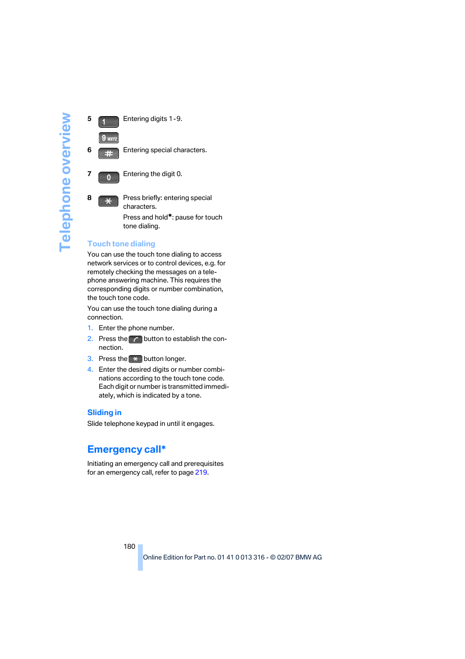 Emergency call, Te leph on e o ve rview | BMW 760Li Sedan 2008 User Manual | Page 182 / 254