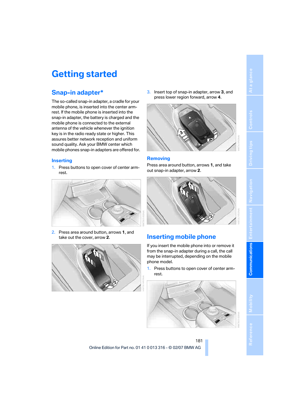 Getting started, Snap-in adapter, Inserting mobile phone | BMW 760Li Sedan 2008 User Manual | Page 183 / 254