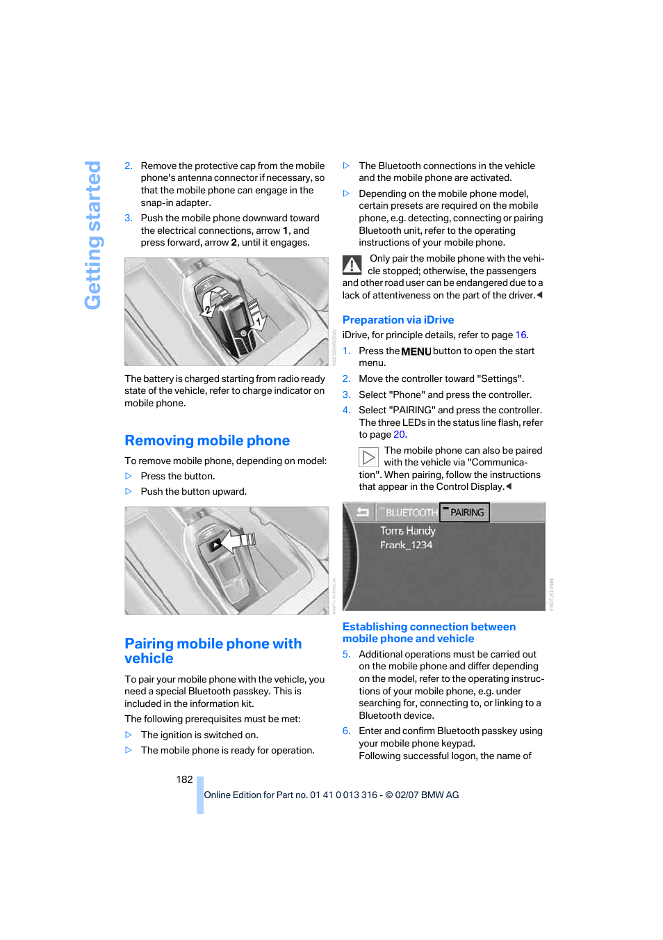 Removing mobile phone, Pairing mobile phone with vehicle, Ge tt ing st arte d | BMW 760Li Sedan 2008 User Manual | Page 184 / 254