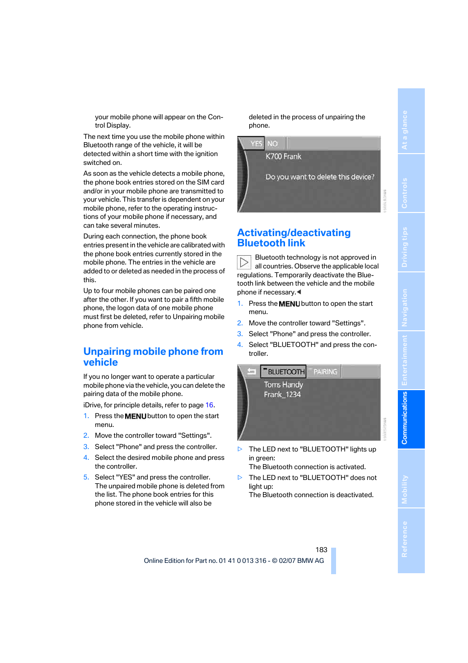 Unpairing mobile phone from vehicle, Activating/deactivating bluetooth link | BMW 760Li Sedan 2008 User Manual | Page 185 / 254