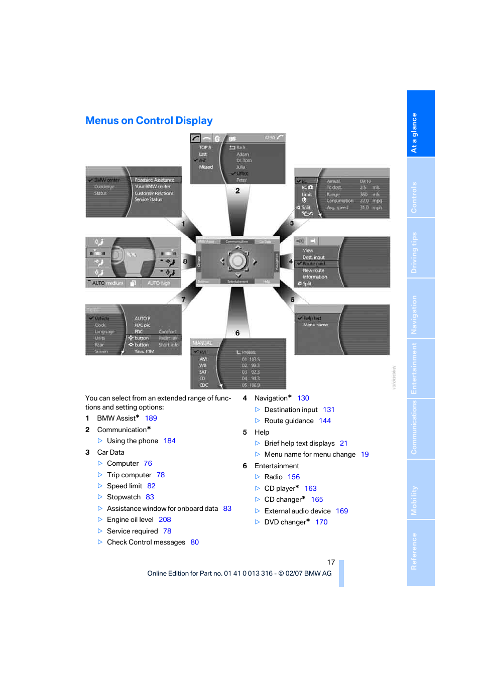 Menus on control display | BMW 760Li Sedan 2008 User Manual | Page 19 / 254