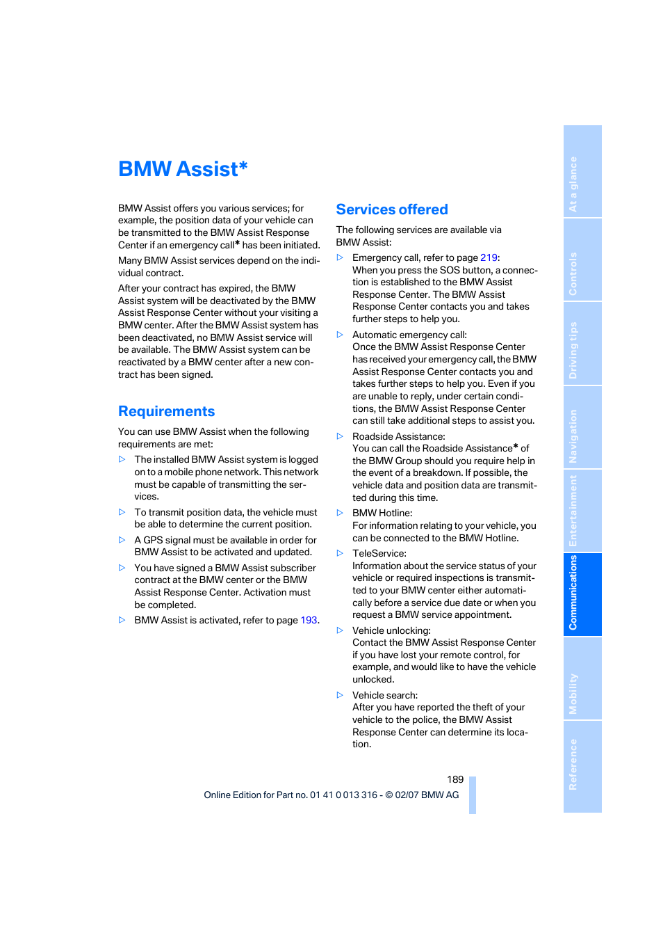 Bmw assist, Requirements, Services offered | BMW 760Li Sedan 2008 User Manual | Page 191 / 254