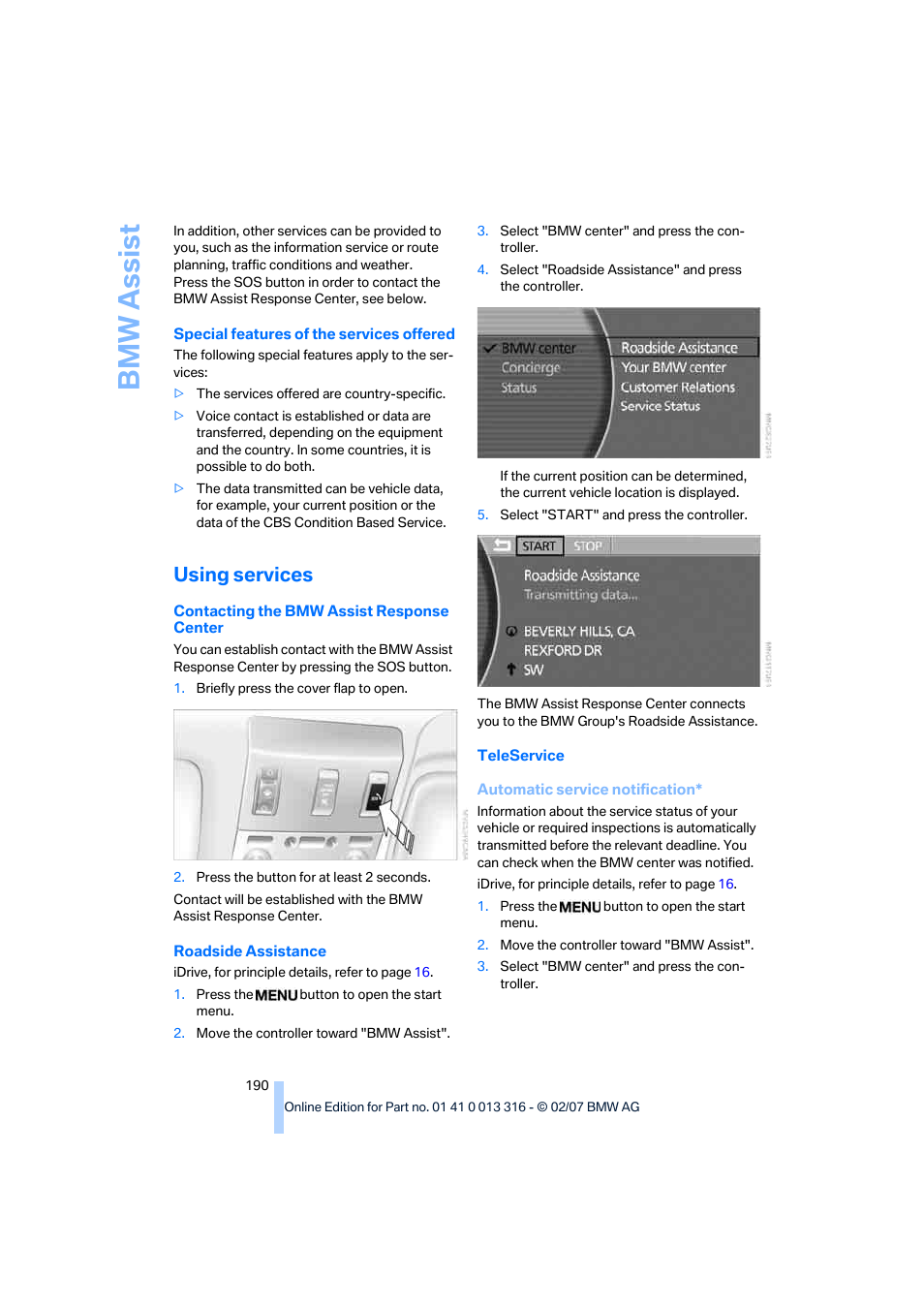 Using services, Bmw assis t | BMW 760Li Sedan 2008 User Manual | Page 192 / 254
