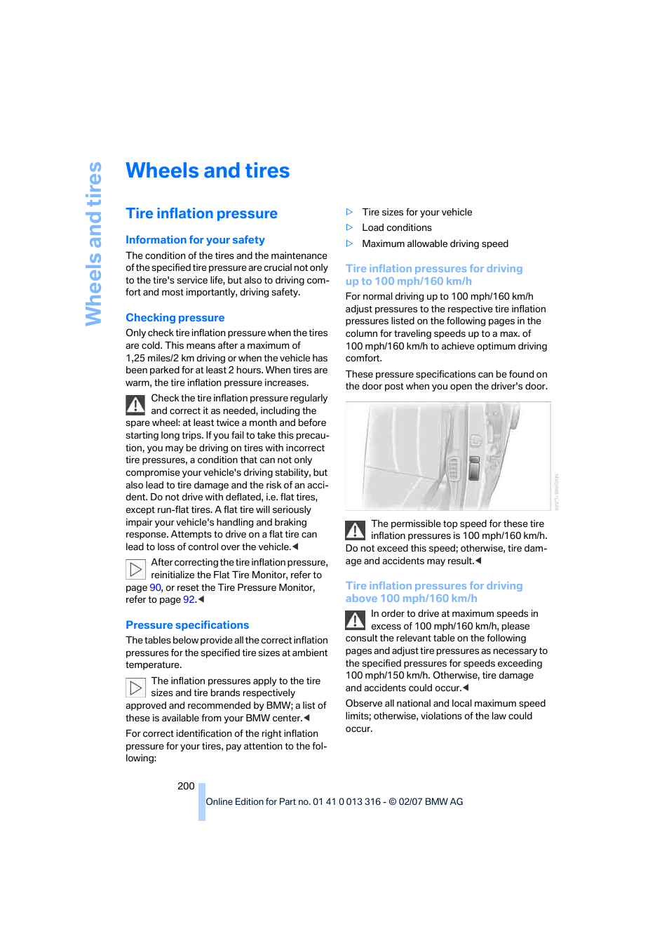 Wheels and tires, Tire inflation pressure, Wh eels and tire s | BMW 760Li Sedan 2008 User Manual | Page 202 / 254