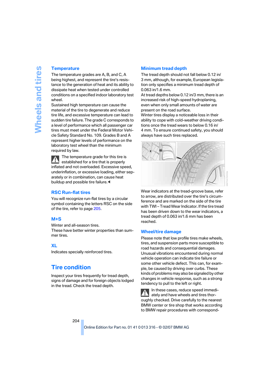 Tire condition, Wh eels and tire s | BMW 760Li Sedan 2008 User Manual | Page 206 / 254