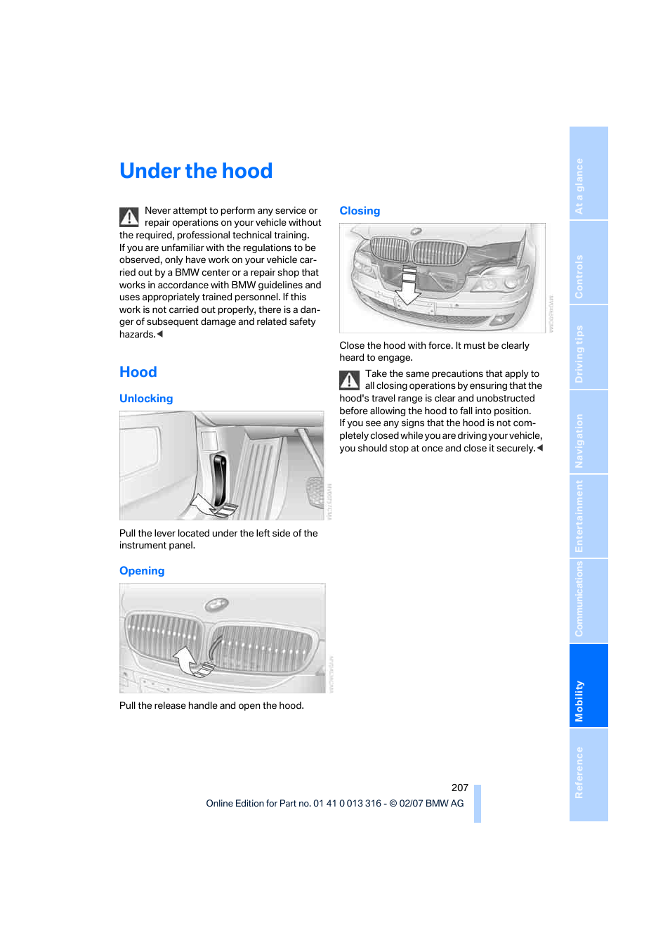Under the hood, Hood | BMW 760Li Sedan 2008 User Manual | Page 209 / 254