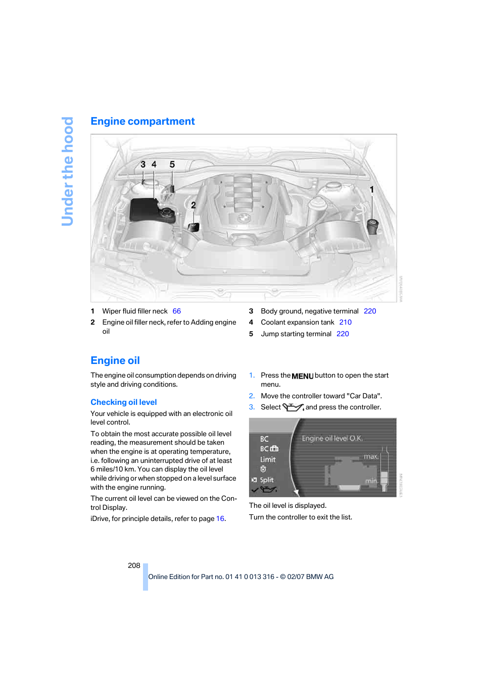 Engine compartment, Engine oil | BMW 760Li Sedan 2008 User Manual | Page 210 / 254