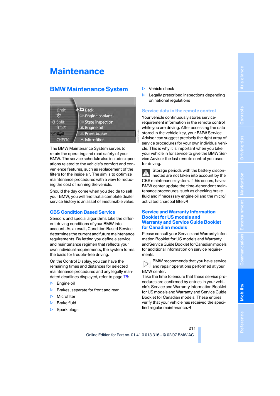 Maintenance, Bmw maintenance system | BMW 760Li Sedan 2008 User Manual | Page 213 / 254