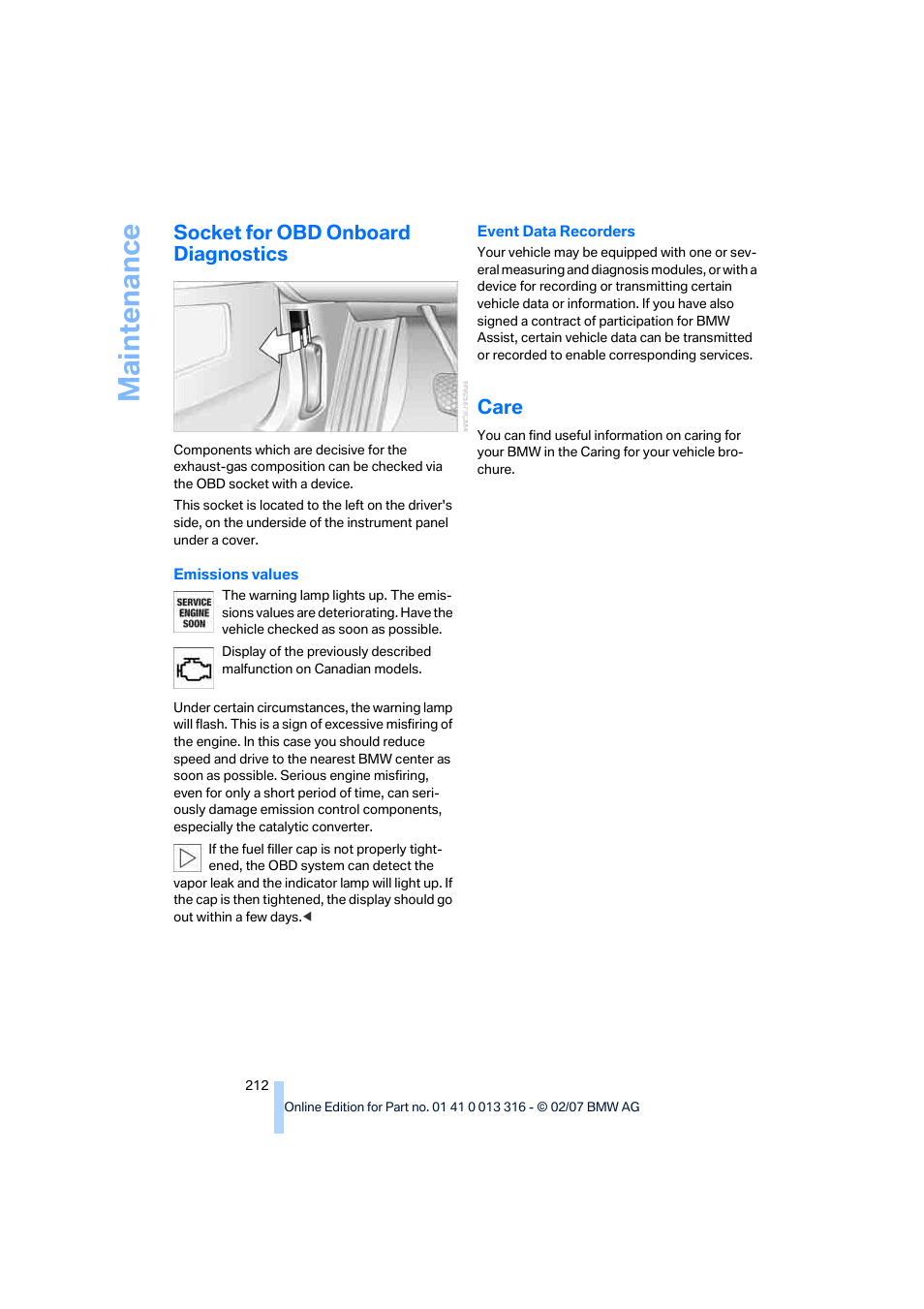 Socket for obd onboard diagnostics, Care, Maintenance | BMW 760Li Sedan 2008 User Manual | Page 214 / 254