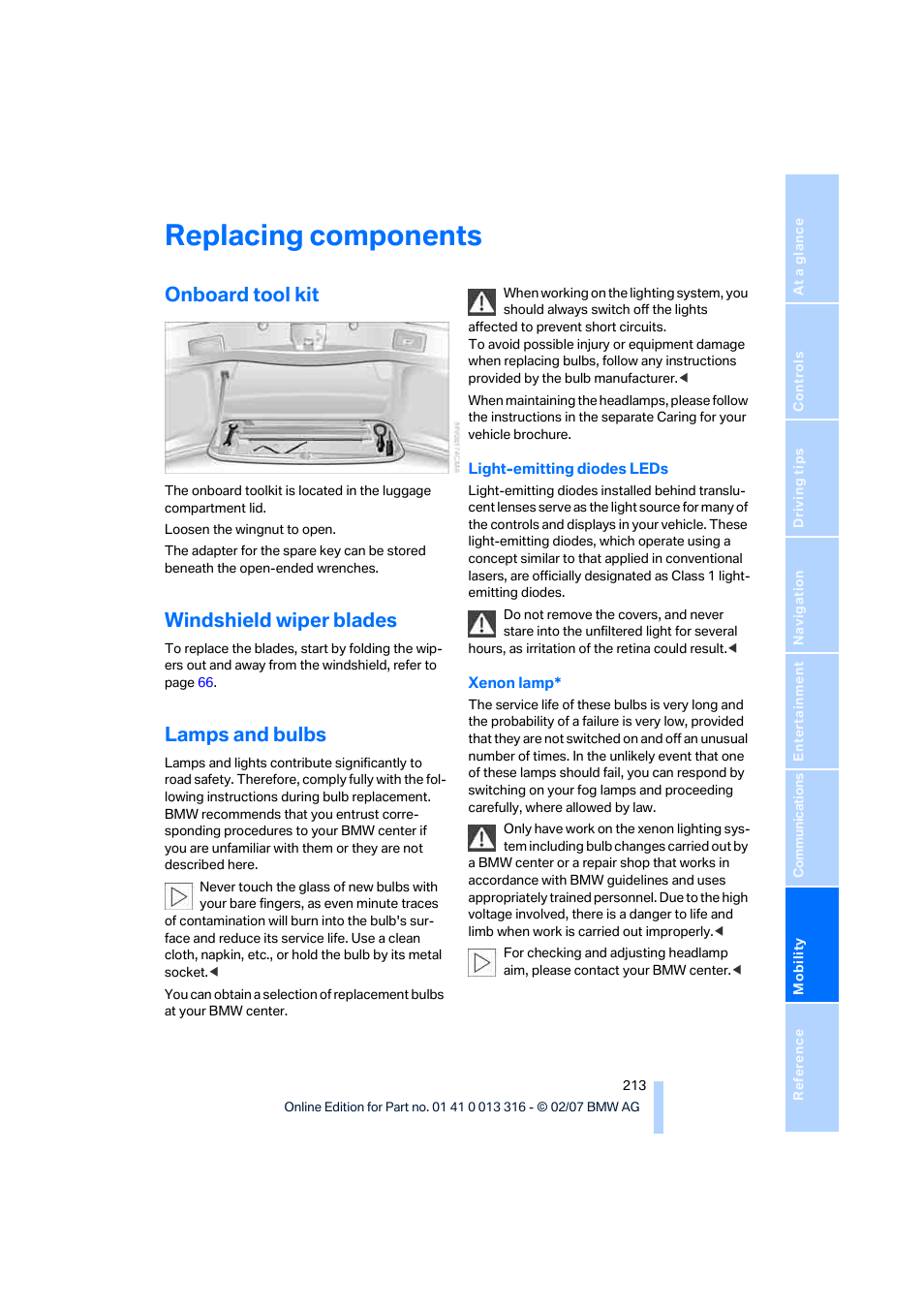 Replacing components, Onboard tool kit, Windshield wiper blades | Lamps and bulbs | BMW 760Li Sedan 2008 User Manual | Page 215 / 254