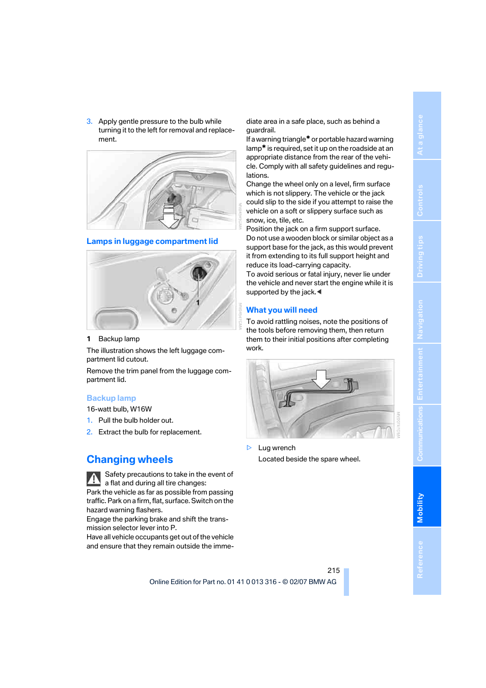 Changing wheels | BMW 760Li Sedan 2008 User Manual | Page 217 / 254