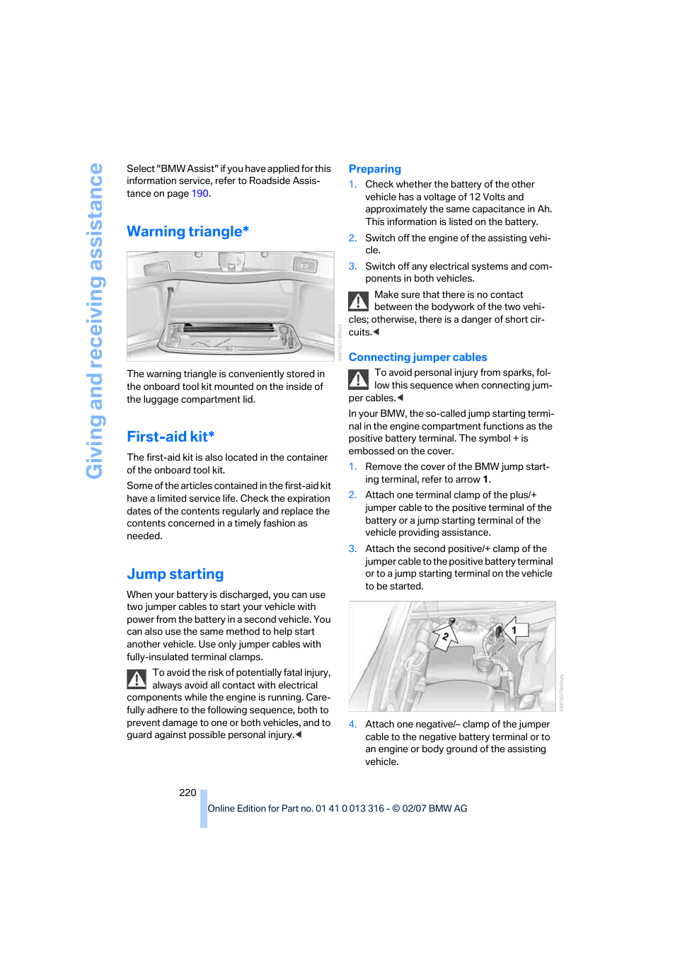 Warning triangle, First-aid kit, Jump starting | Giving and receiv ing as sistance | BMW 760Li Sedan 2008 User Manual | Page 222 / 254