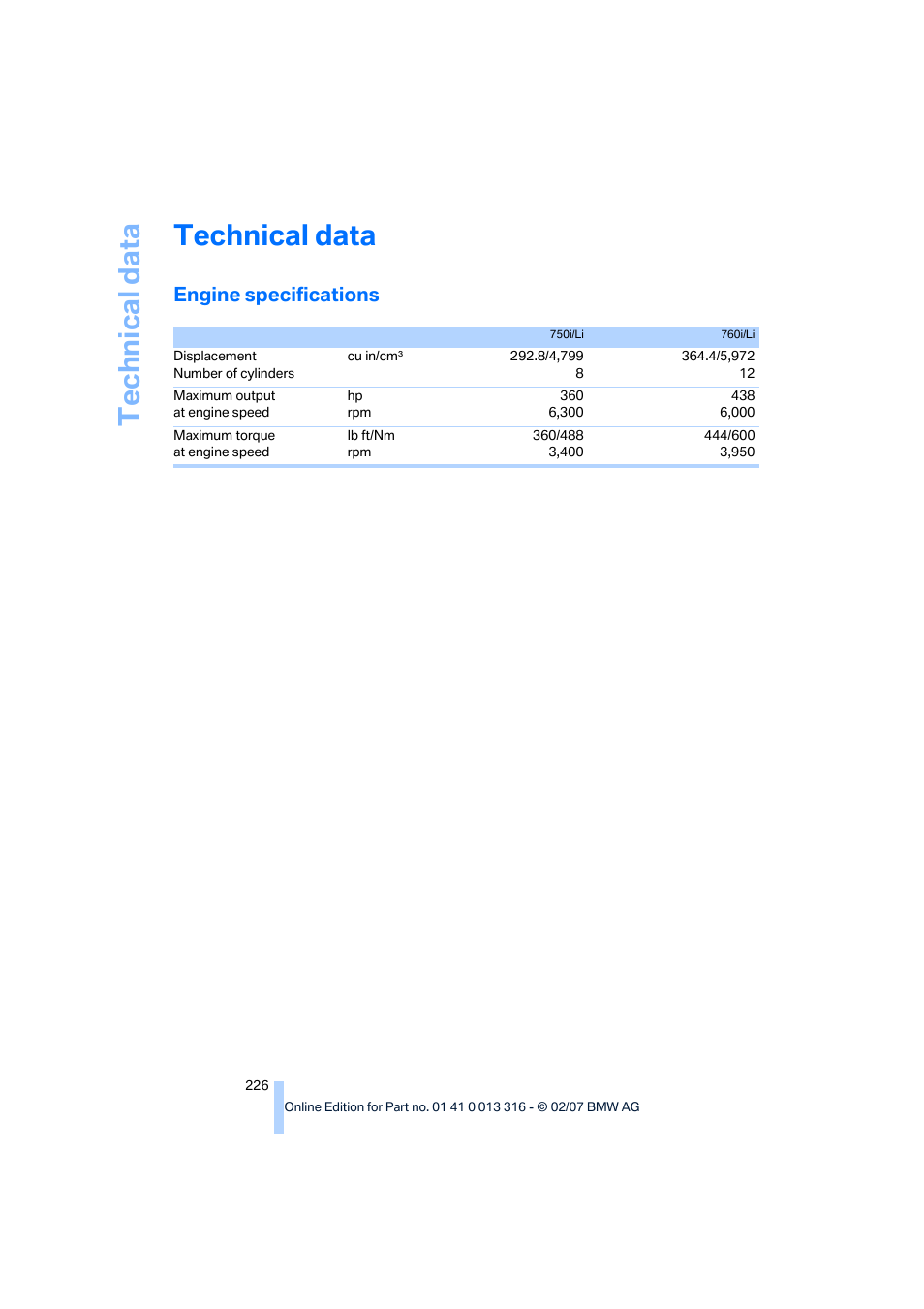 Technical data, Engine specifications | BMW 760Li Sedan 2008 User Manual | Page 228 / 254