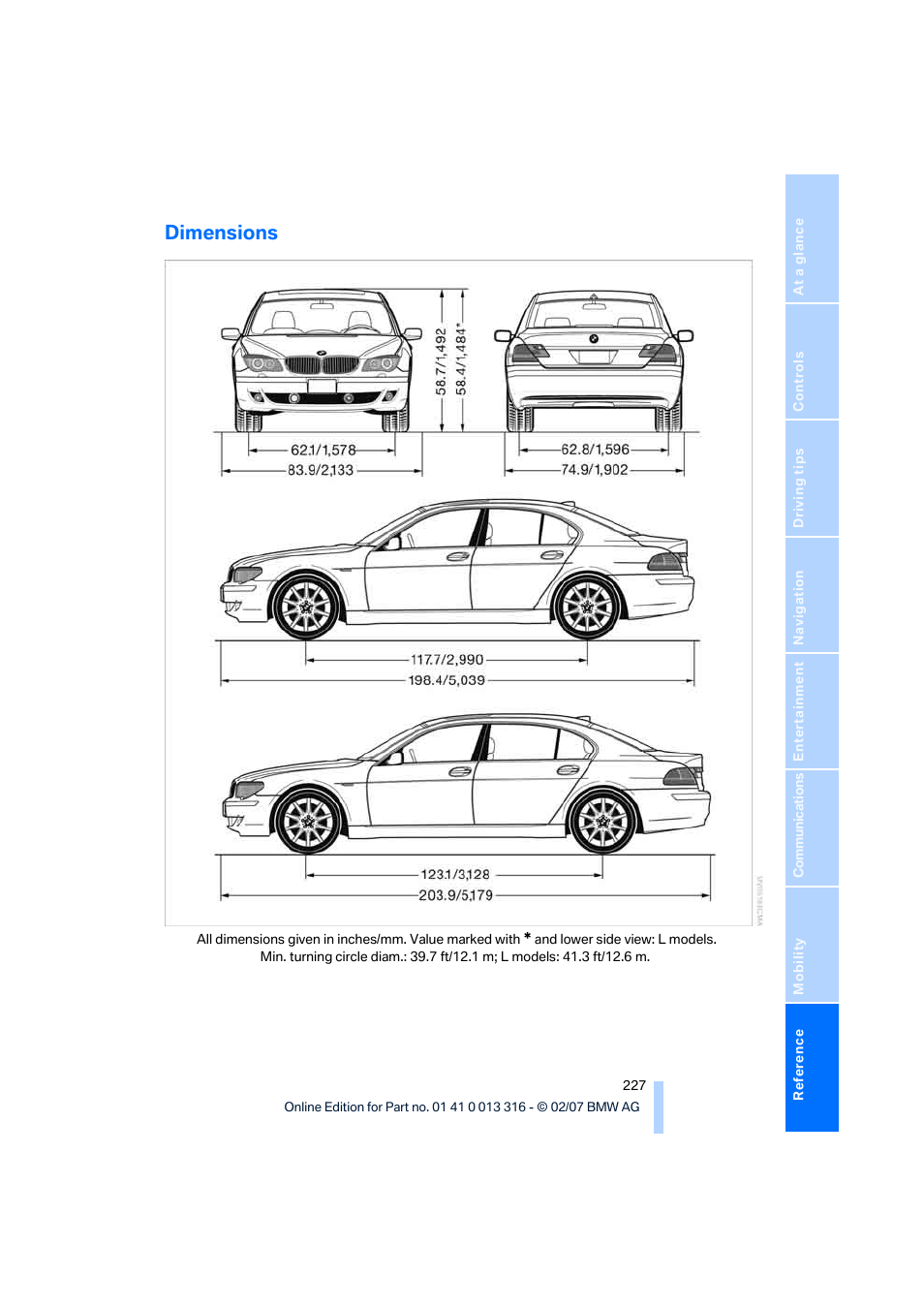 Dimensions | BMW 760Li Sedan 2008 User Manual | Page 229 / 254