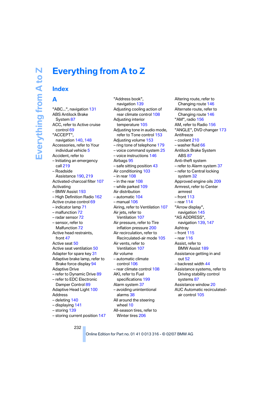 Everything from a to z, Index, Index a | BMW 760Li Sedan 2008 User Manual | Page 234 / 254