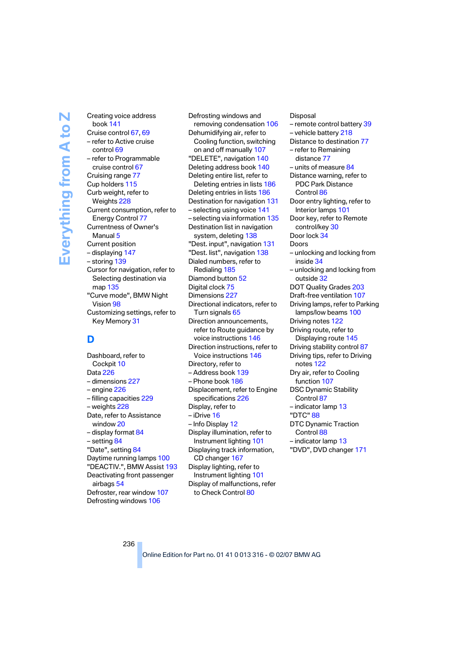 Everything from a to z | BMW 760Li Sedan 2008 User Manual | Page 238 / 254