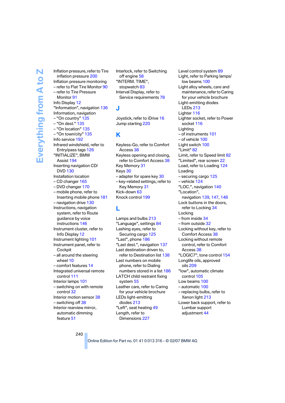 Everything from a to z | BMW 760Li Sedan 2008 User Manual | Page 242 / 254