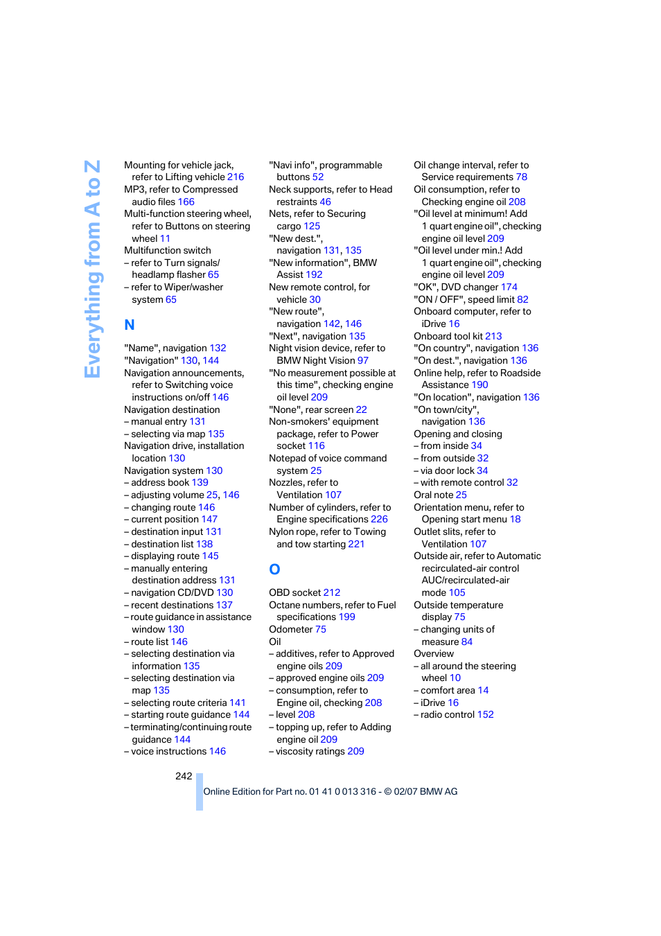 Everything from a to z | BMW 760Li Sedan 2008 User Manual | Page 244 / 254