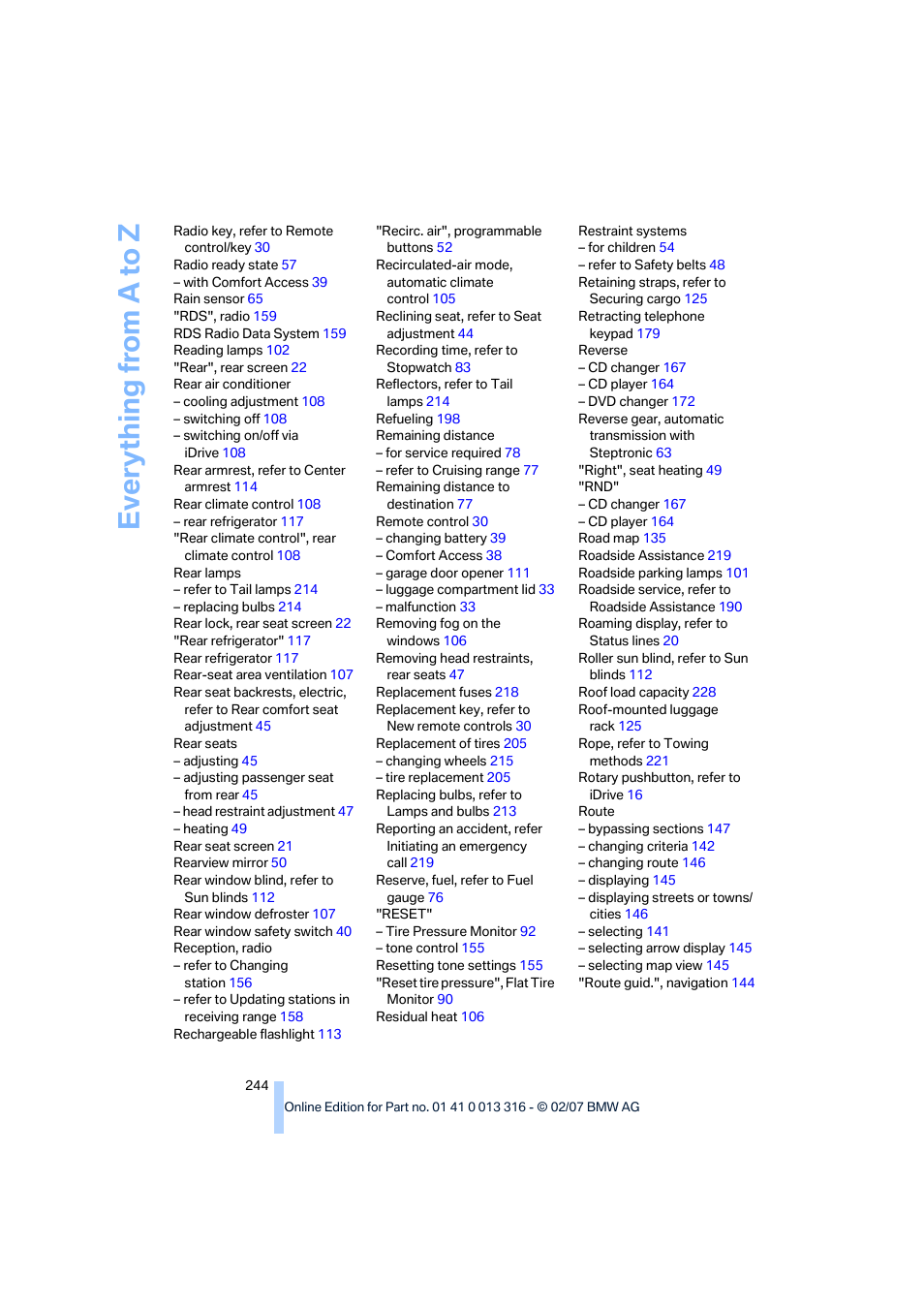 Everything from a to z | BMW 760Li Sedan 2008 User Manual | Page 246 / 254