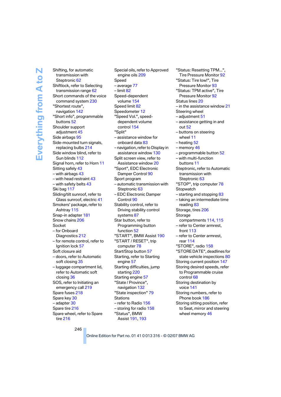 Everything from a to z | BMW 760Li Sedan 2008 User Manual | Page 248 / 254