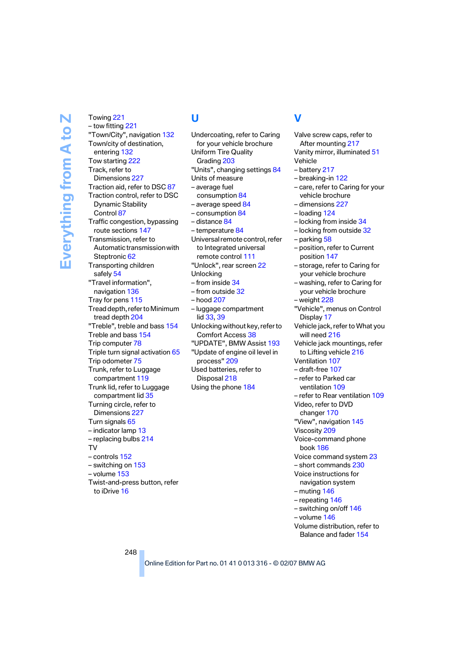 Everything from a to z | BMW 760Li Sedan 2008 User Manual | Page 250 / 254