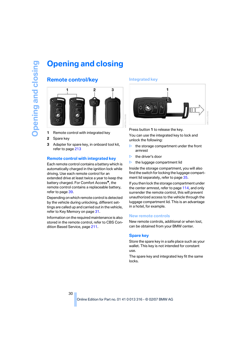 Opening and closing, Remote control/key | BMW 760Li Sedan 2008 User Manual | Page 32 / 254