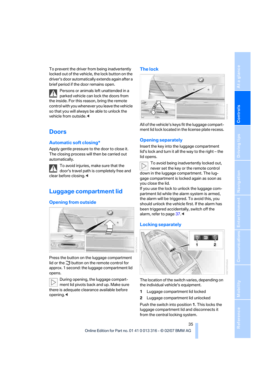 Doors, Luggage compartment lid | BMW 760Li Sedan 2008 User Manual | Page 37 / 254