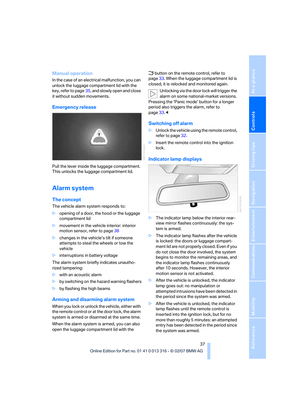 Alarm system | BMW 760Li Sedan 2008 User Manual | Page 39 / 254