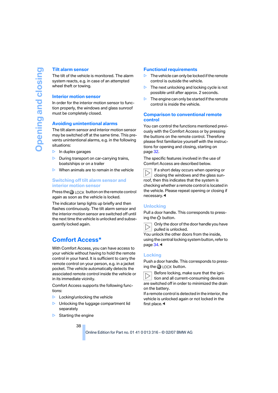 Comfort access, Opening and closing | BMW 760Li Sedan 2008 User Manual | Page 40 / 254