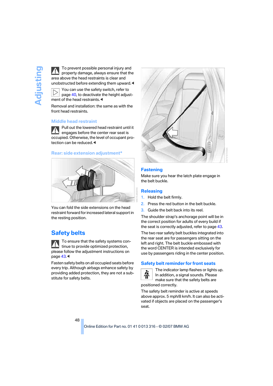 Safety belts, Adju sting | BMW 760Li Sedan 2008 User Manual | Page 50 / 254