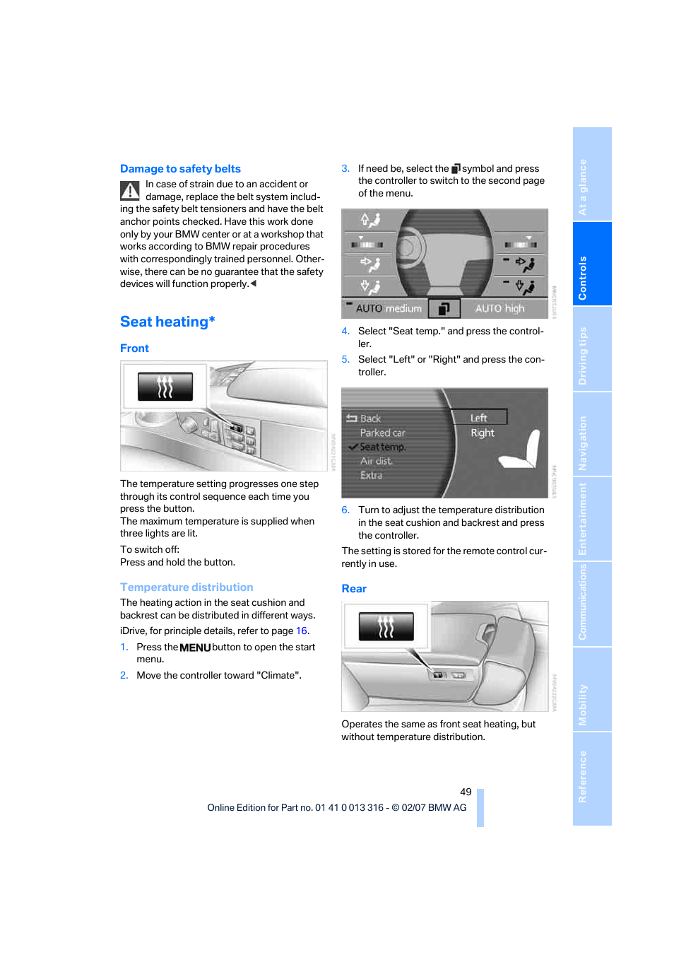 Seat heating | BMW 760Li Sedan 2008 User Manual | Page 51 / 254