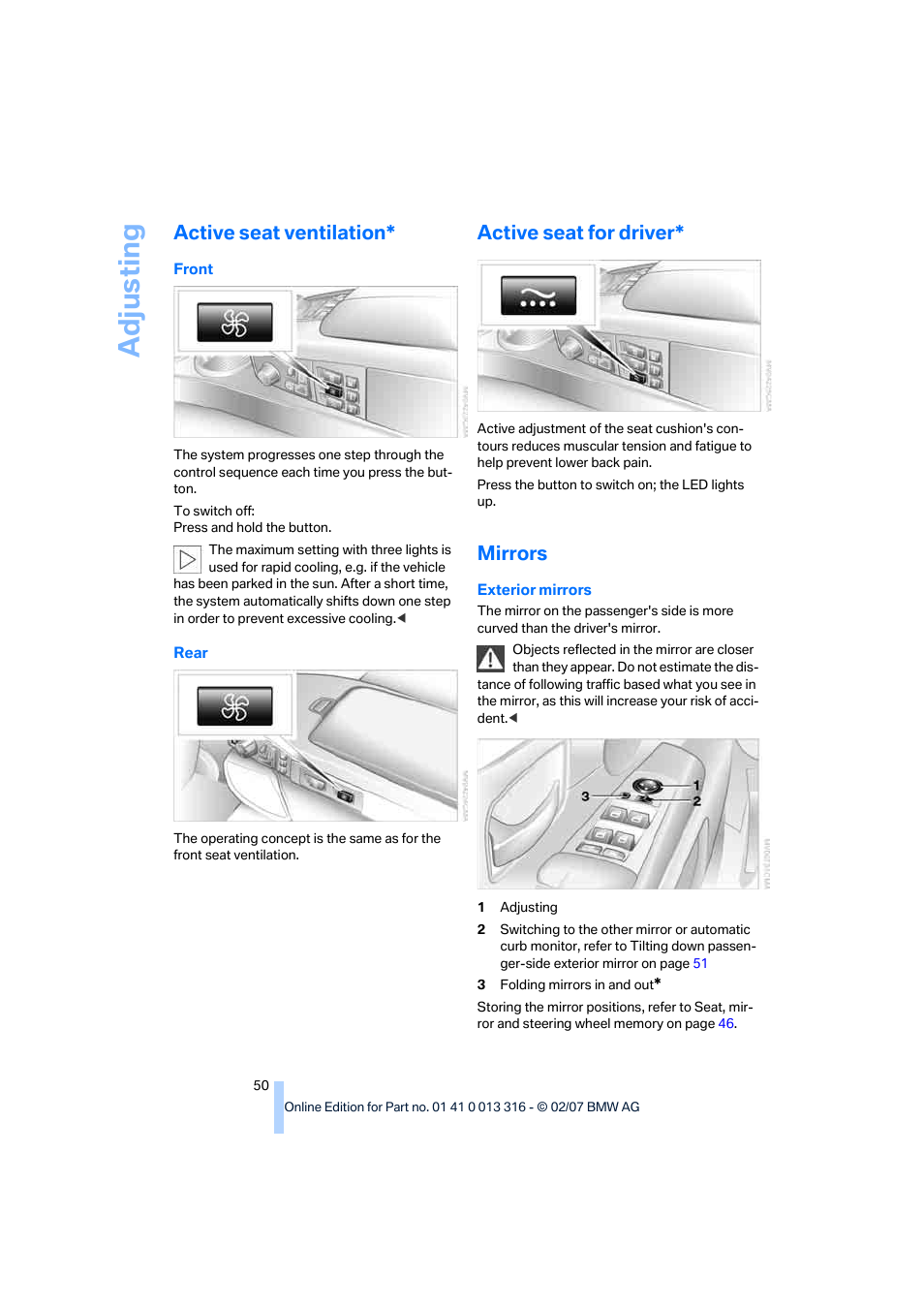 Active seat ventilation, Active seat for driver, Mirrors | Adju sting | BMW 760Li Sedan 2008 User Manual | Page 52 / 254