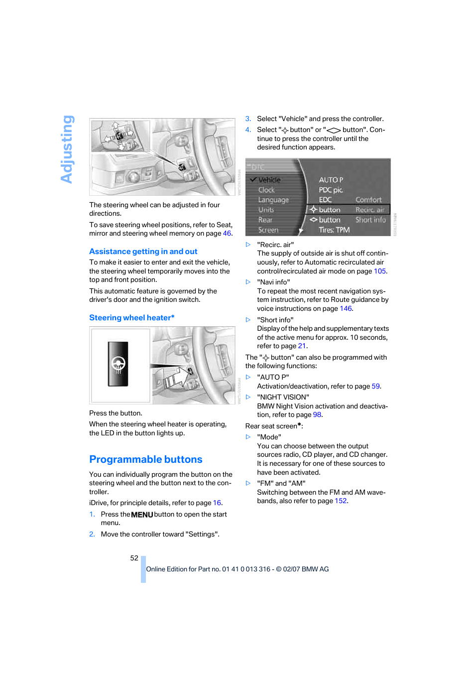 Programmable buttons, Adju sting | BMW 760Li Sedan 2008 User Manual | Page 54 / 254