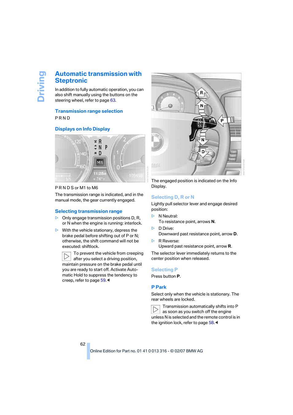 Automatic transmission with steptronic, Driving | BMW 760Li Sedan 2008 User Manual | Page 64 / 254